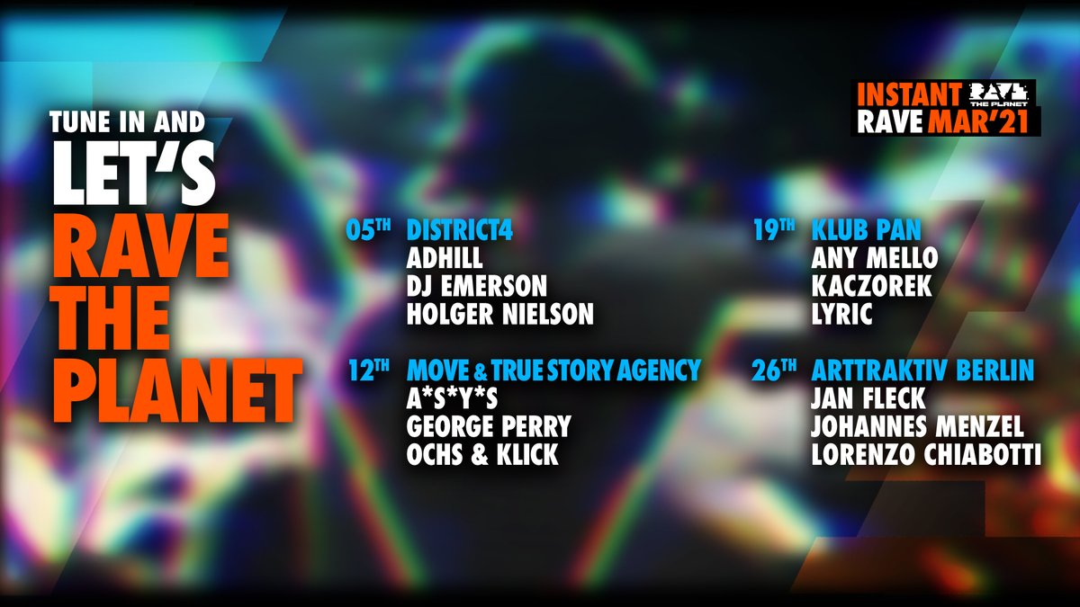 RAVE THE PLANET (@ravetheplanet) on Twitter photo What's up in #March? Here's our upcoming #streaming program:
💥Hosts: <a href="/district4berlin/">District4</a>, <a href="/movefrankfurt/">MOVE Frankfurt</a>, <a href="/TrueStoryAgency/">true story</a>, Klub Pan, <a href="/ArttraktivB/">ARTtraktiv Berlin</a>
💥Artists: <a href="/meDJEmerson/">emerson</a>, <a href="/holgistarberlin/">Holger Nielson</a>, <a href="/ASYSOFFICIAL/">A*S*Y*S</a>, <a href="/DJGEORGEPERRY/">GEORGE PERRY</a>, <a href="/ochs_klick/">Ochs & klick</a>, <a href="/anymellodj/">Any Mello</a>, @janfleck & more ❤️🌏🎶
#techno What's up in #March? Here's our upcoming #streaming program:
💥Hosts: <a href="/district4berlin/">District4</a>, <a href="/movefrankfurt/">MOVE Frankfurt</a>, <a href="/TrueStoryAgency/">true story</a>, Klub Pan, <a href="/ArttraktivB/">ARTtraktiv Berlin</a>
💥Artists: <a href="/meDJEmerson/">emerson</a>, <a href="/holgistarberlin/">Holger Nielson</a>, <a href="/ASYSOFFICIAL/">A*S*Y*S</a>, <a href="/DJGEORGEPERRY/">GEORGE PERRY</a>, <a href="/ochs_klick/">Ochs & klick</a>, <a href="/anymellodj/">Any Mello</a>, @janfleck & more ❤️🌏🎶
#techno