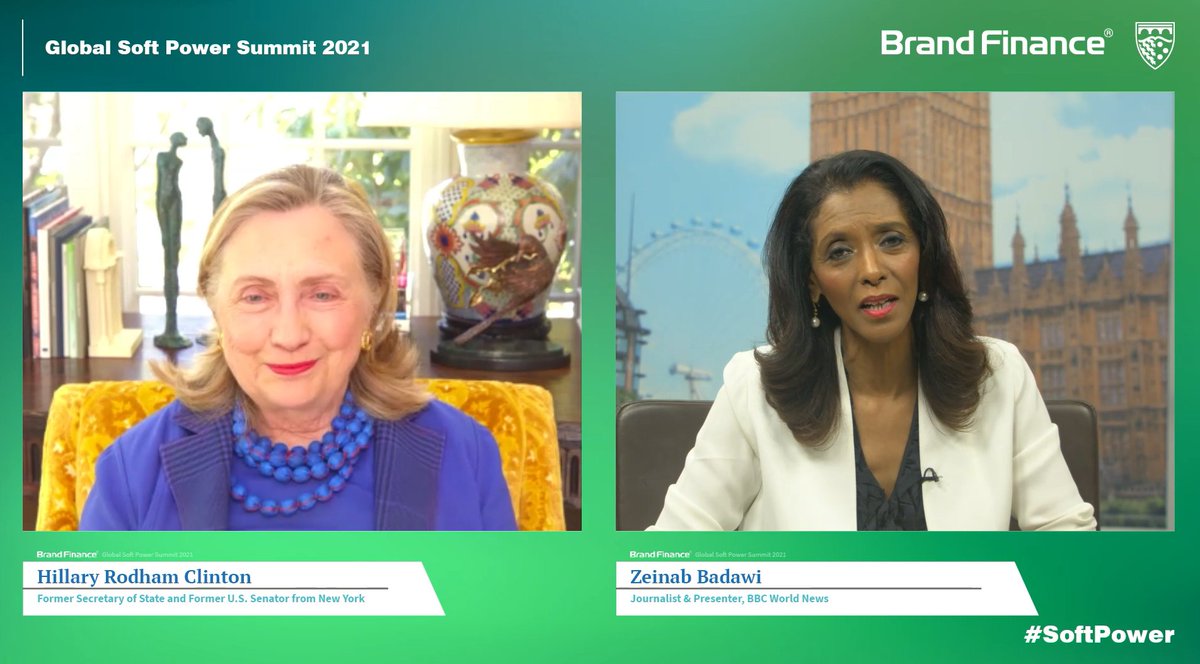 Many thanks to Secretary Hillary Clinton for offering her insights in the keynote discussion with @BBCWorld's @TheZeinabBadawi at our Global #SoftPower Summit 2021.