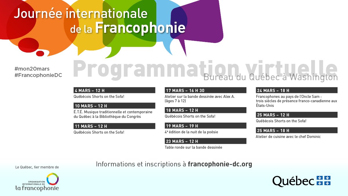 Festival de la #FrancophonieDC 2021! Le BQW vous propose 13 activités virtuelles:

📽️ 7 Courts-métrages
🎻 Concert du trio É.T.É.
🦸🏻 2 Ateliers sur les bandes dessinées
📚 Nuit de la poésie
⚜️🇺🇸 Panel sur les Franco-Canadiens aux É-U
👨🏻‍🍳 Cours de cuisine

🎟️francophonie-dc.org