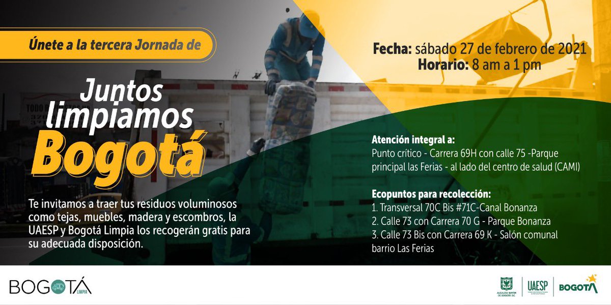 Engativalcaldia's tweet photo. Participa en la tercera jornada de #JuntosLimpiamosBogotá y Engativá con @Uaesp y @BogotaLimpiaSAS.

Acércate a los ECOPUNTOS entre las 8:00 a.m. y la 1:00 p.m. y lleva tus residuos voluminosos:

♻️Tejas
♻️Madera
♻️Muebles
♻️Escombros

¡Los recibimos sin ningún costo! https://t.co/MPrLuSWMAn