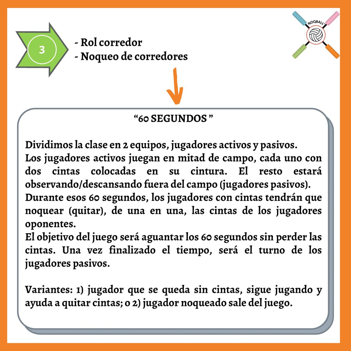 3️⃣¿Cómo enseñar a tu alumnado el Noqball?⠀ 
Hoy, continuamos con la tercera letra: la Q, de N-O-Q-B-A-L-L. ⠀ 
Con el juego de “60 SEGUNDOS”, donde tu alumnado aprenderá el rol de corredor, el noqueo a otros corredores y evitar ser noqueado.
#edufis #noqball #deportealternativo