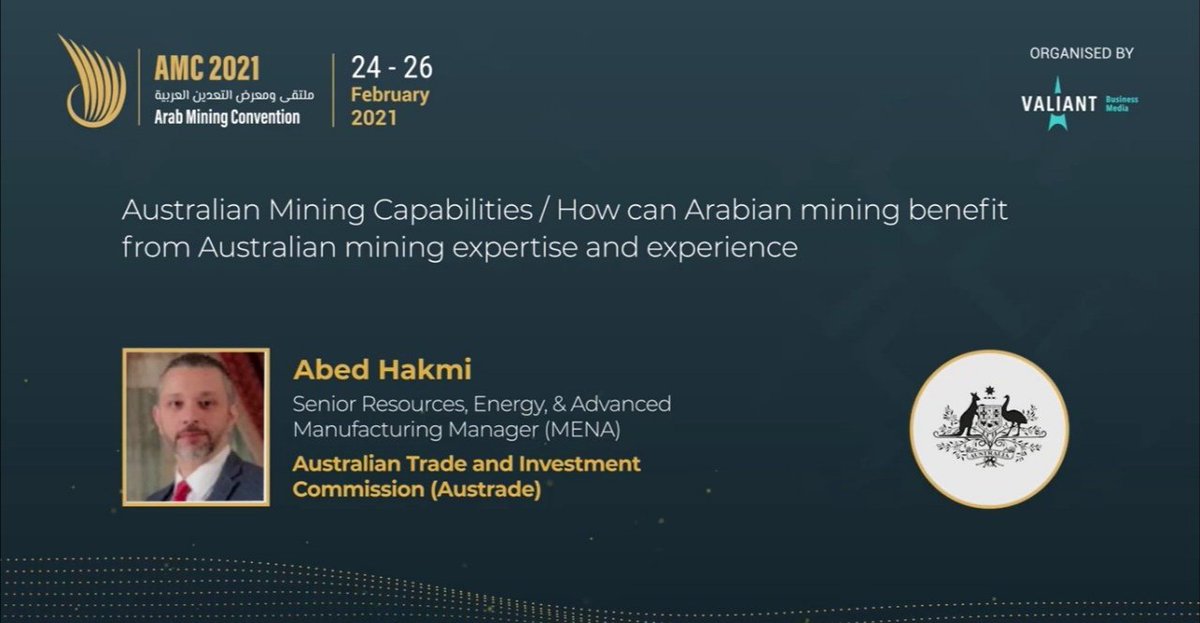 arabminingcon's tweet image. Join Abed Hakmi, Senior Resources, Energy, &amp;amp; Advanced Manufacturing Manager (MENA) - Australian Trade and Investment Commission (Austrade) as he shares his views on Australian Mining Capabilities.

Join the session at arabminingconvention.vfairs.com

#mining #arabmining #amc2021
