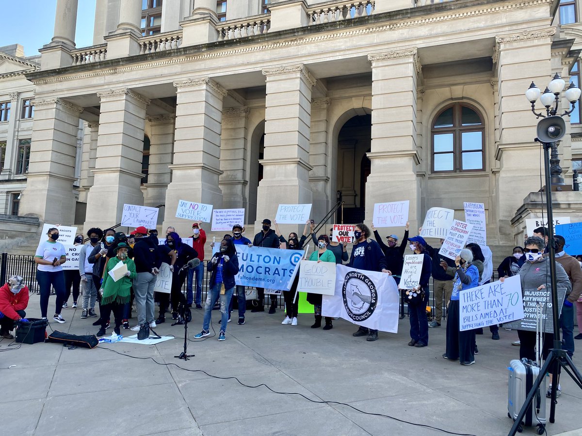 beauvans's tweet image. Groups opposed to Georgia GOP’s bill package on absentee voting changes are protesting now in front of the state Capitol. #gapol