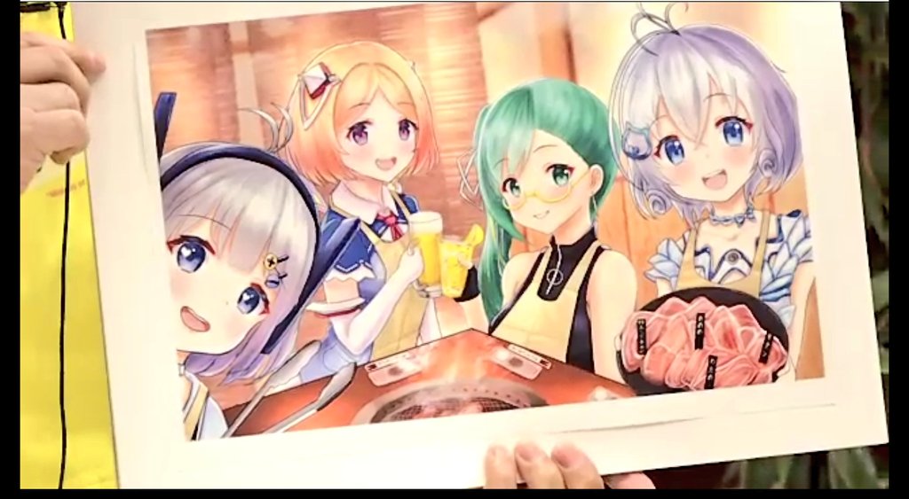 aki rosenthal multiple girls 4girls blonde hair short hair green hair food purple eyes  illustration images