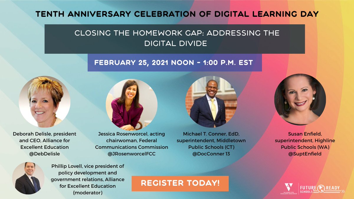 OfficialDLDay's tweet photo. Today is #DLDay2021! We'll be kicking off our live programming at noon today with "Closing the Homework Gap: Addressing the Digital Divide." Tune in as @DebDelisle @JRosenworcelFCC @DocConner13 @SuptEnfield discuss, moderated by Phillip Lovell. https://t.co/IPn7p1Rnlx https://t.co/weztXRDCal