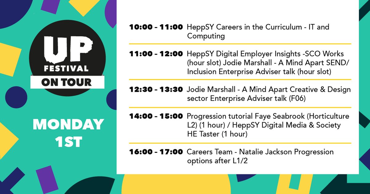 SheffcolCareers's tweet photo. The countdown is on..UP Festival is starting on Monday @sheffcol @Sheff6thForm @ShefColSU for #NCW2021 and we can't wait! Here's a sneeky peek at some of the line up for the first day #upfest #careers #HeppSY https://t.co/AWRLLQOgp9