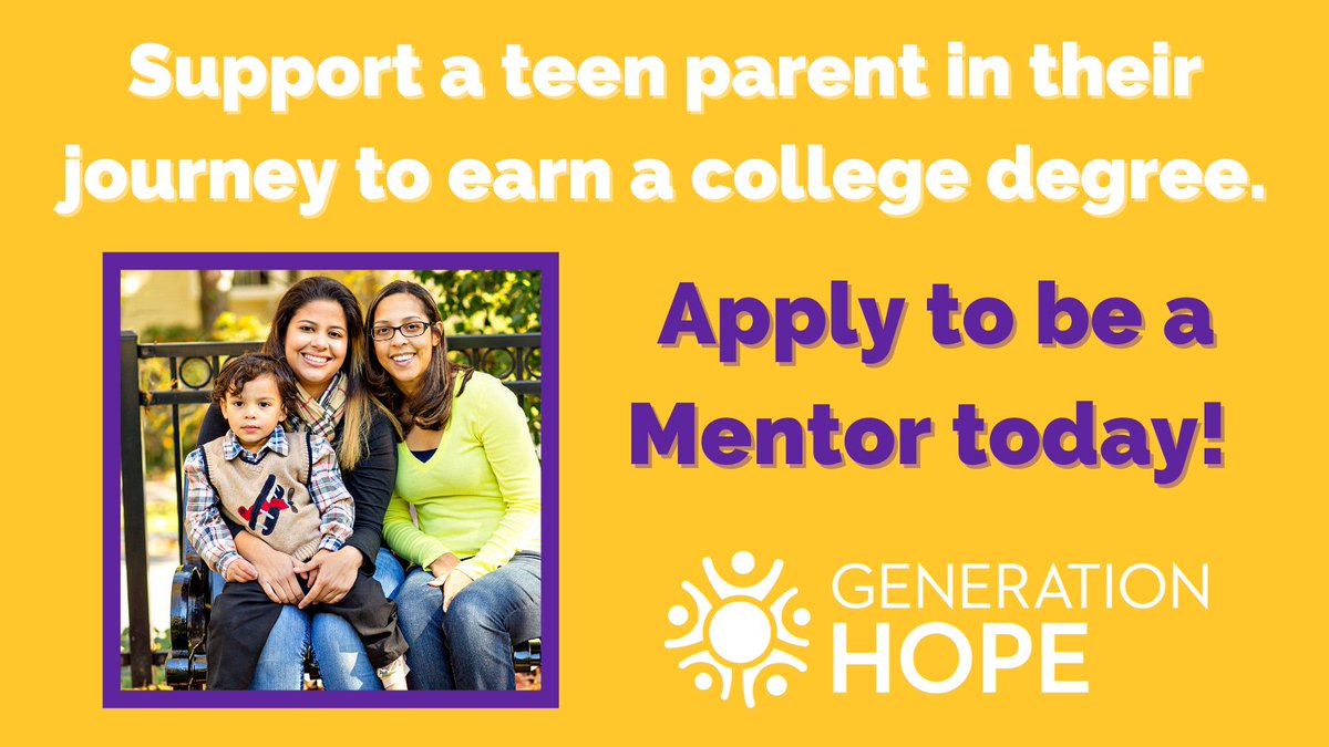 SupportGenHope's tweet image. Apply to #Mentor a #StudentParent in Generation Hope's Scholar Program! Support a #TeenParent and their family on their journey to earn their #College degree. Individual mentorship and group opportunities available! Learn more &amp;amp; apply here: generationhope.org/mentor
#Mentorship