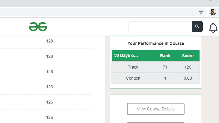 DebajyotiShit's tweet photo. Rank : 71 in the contest of  #30daysofcodewithGFG  @geeksforgeeks.
#30daysofcodewithGFG  complete @geeksforgeeks
#100DaysOfCode #100daysofcodechallenge #programming #code #cpp #Java #codechef #leetcode #gfg  #codinglife #DebajyotiShit #webdeveloper #geeksforgeek https://t.co/c3DkJks1Ze