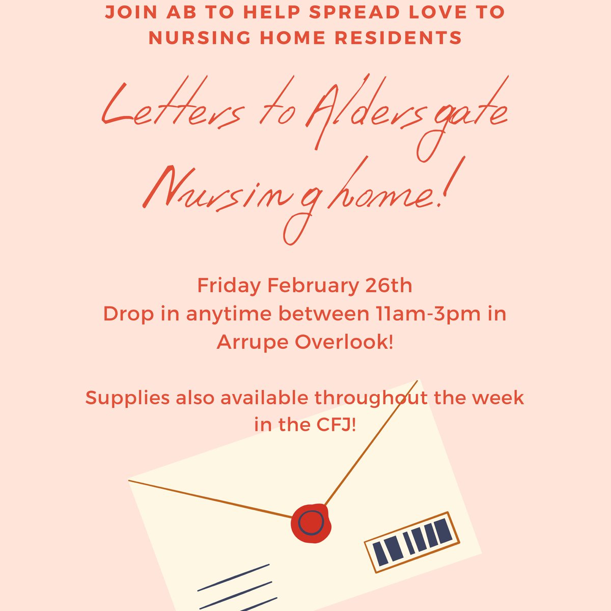 XU_AB's tweet photo. Join us Friday from 11-3pm in arrupe to write a letter to the residents of Aldersgate! https://t.co/mWnVi1Dpp6