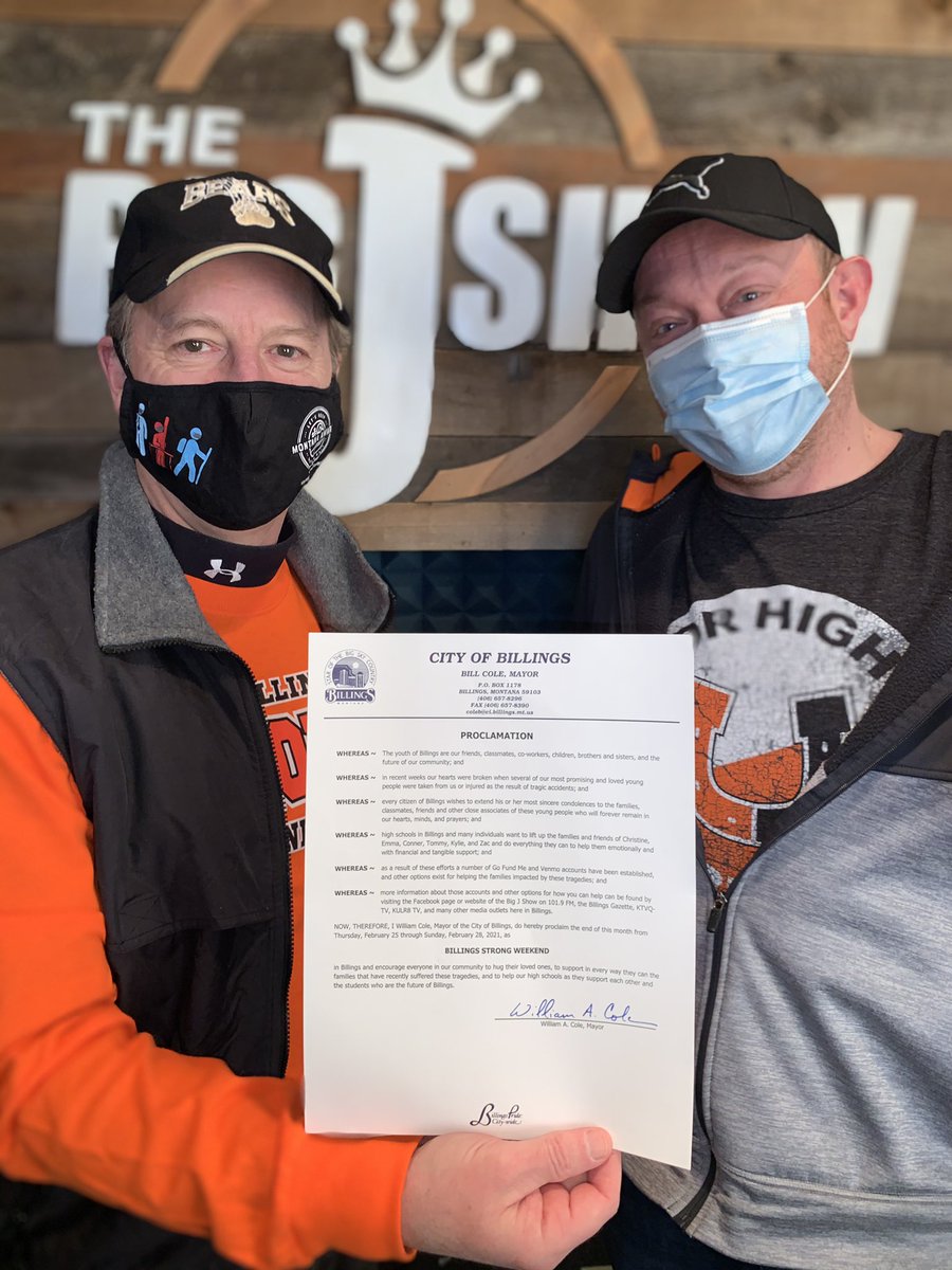 hot1019's tweet photo. It is official from Mayor Cole’s desk: it is #BillingsStrong weekend February 25-28!

Wear Black and Orange today for Christine and Emma 🖤🧡

Wear Black and Gold tomorrow for Conner, Tommy, Kylie, and Zac 🖤💛 https://t.co/UAjwQfhDrE