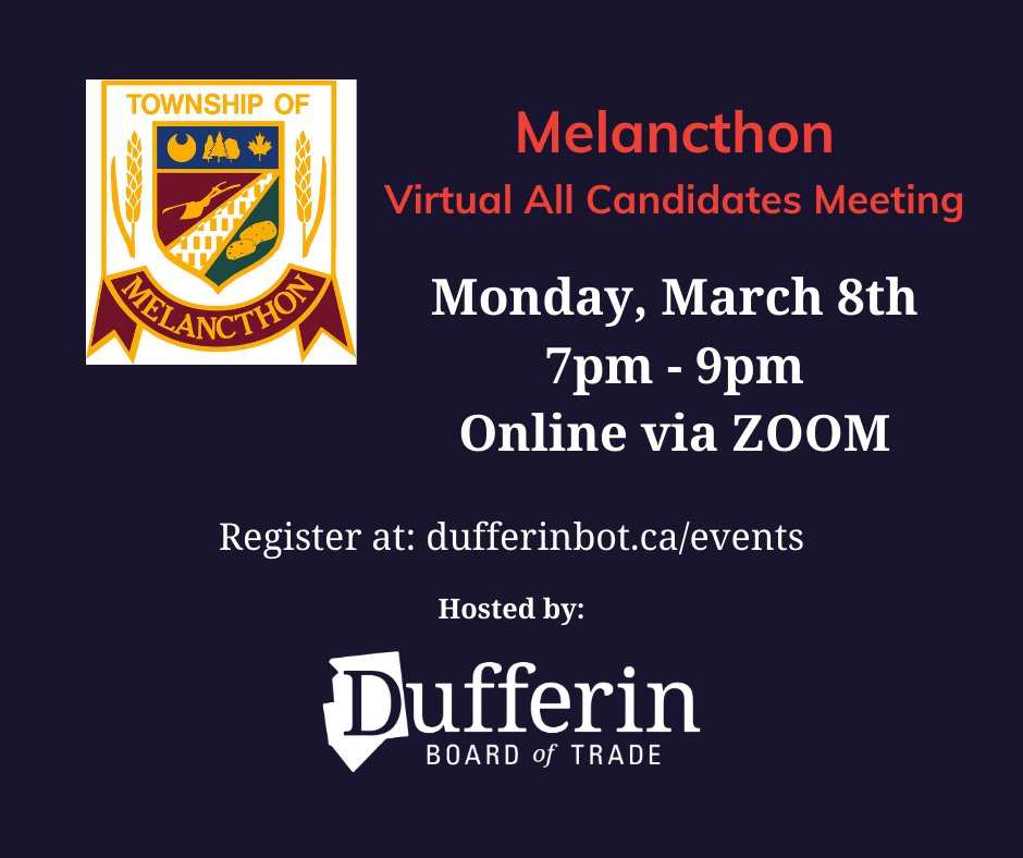 The Township has four candidates that have filed for the Council Vacancy position.  The candidate's information can be found on the Township website under Public Notices.  Please register to attend the All Candidates Session hosted by the Dufferin Board of Trade.  Details below.