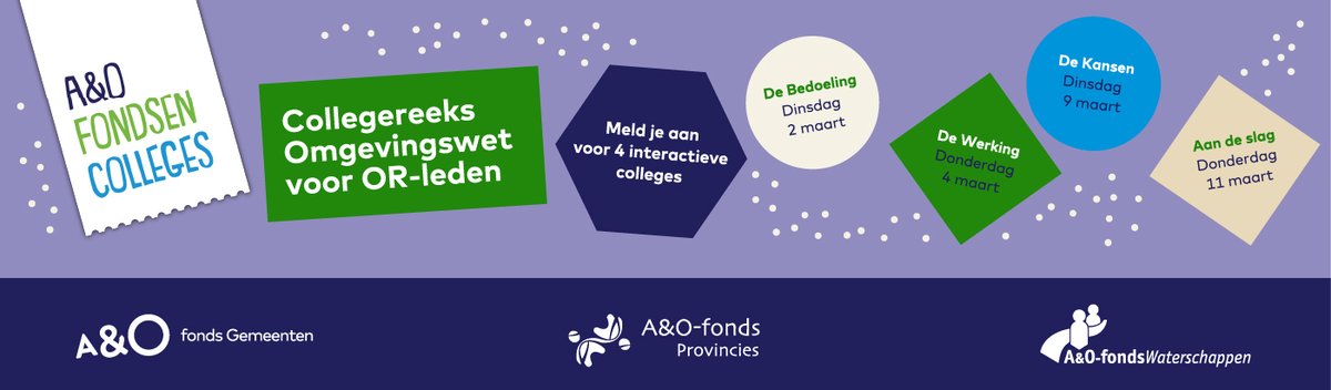 Dinsdag 2 maart gaan we van start met de Collegereeks Omgevingswet voor OR-leden. Laat je als OR- of kaderlid van een provincie, gemeente of waterschap in deze 4-delige online collegereeks bijpraten over de Omgevingswet. Meld je nog snel aan! ow.ly/AKau50DJNlx