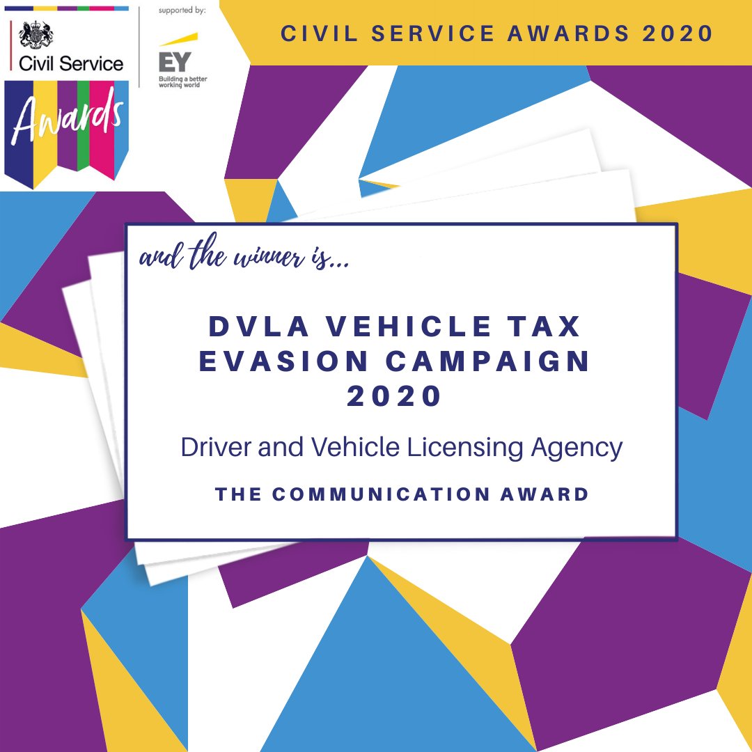 UKCivilService's tweet photo. Three cheers for the Driver and Vehicle Licensing Agency’s Vehicle Tax Evasion Campaign 2020, winners of the Communication Award! #CSAwards https://t.co/5O3RMXCAV9