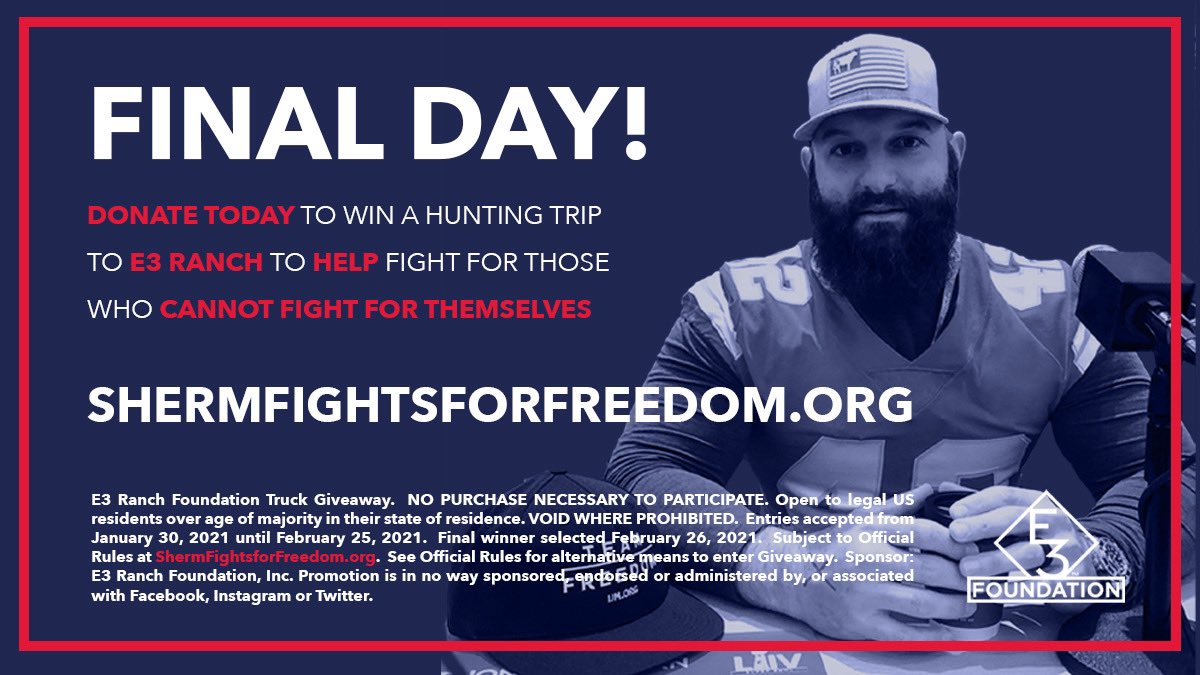 Today’s the last day to enter! Help Fight for those who cannot fight for themselves!! Click ShermFightsForFreedom.org to make a donation for entries if you haven’t already! #shermfightsforfreedom #HumanTrafficking #EndItMovement #Chiefs #Runitback #NFL #Ford #Oreo #ThankYou