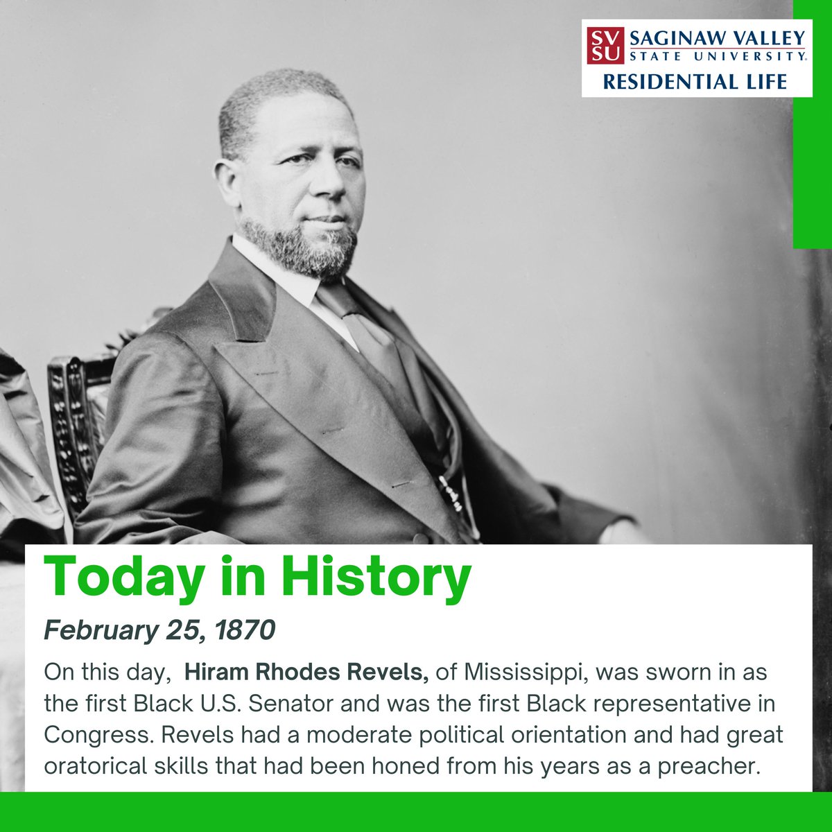 Hiram R. Revels  was sworn in. Prior to his swearing in, Charles Sumner, stated, "All men are created equal, says the great Declaration, and now a great act attests this verity. Today we make the Declaration a reality...In assuring the equal rights of all we complete the work."
