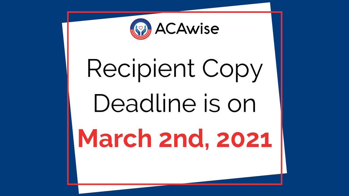 ACAWise's tweet photo. March 2, 2021 is the deadline for 1095 Recipient Copies, which is only days away! Make sure you head over to https://t.co/JQA9vumG5M to e-file now before time runs out.⏳
Check out the link below to learn more:
https://t.co/0erLmBpZFm
#ACAdeadline #1095forms #efile1095forms https://t.co/wWUjqiP8Pm