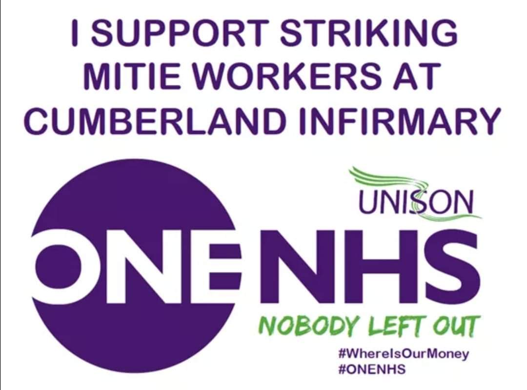 This Friday, 26/02/21 and 1st March, Mitie contracted NHS workers at Cumberland Infirmary will strike for money they have been owed for over 10 years!

After multiple rounds of negotiations, they still refuse to give the workers the money they are owed. 
#WhereIsOurMoney #ONENHS