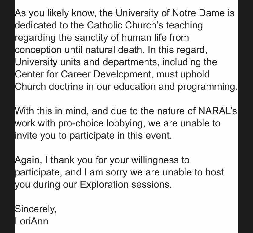 DinaMontemarano's tweet photo. I was supposed to join a career panel at my alma mater but was, I kid you not, *uninvited* "due to the nature of NARAL's work" 

If you're gonna ~cancel~ me @NotreDame can you cancel my student loans while you're at it https://t.co/qpAfXCBfyT
