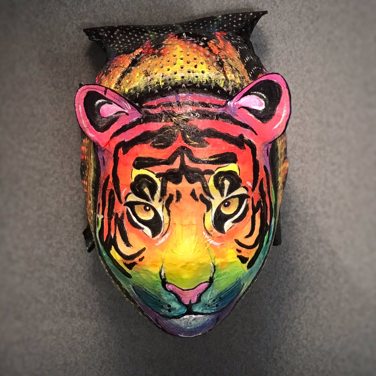 lobke_marsden's tweet photo. Quite some time ago I promised a little girl I’d try turn her post treatment #radiotherapy mask into a rainbow tiger. 
A promise is a promise... 😊🐯
#ChildhoodCancer #NHS https://t.co/P7FcLR6VIg