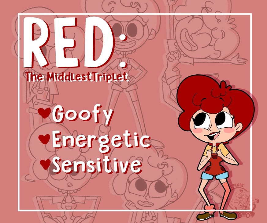 Red is here to say hi! She is our middlest triplet and is the most goofy, energetic and sensitive sister of the three. Her enthusiasm for the world around her is contagious, leaving a bright energy where ever she goes. 
#animation #thehappiestplace #studentfilm #characterdesign