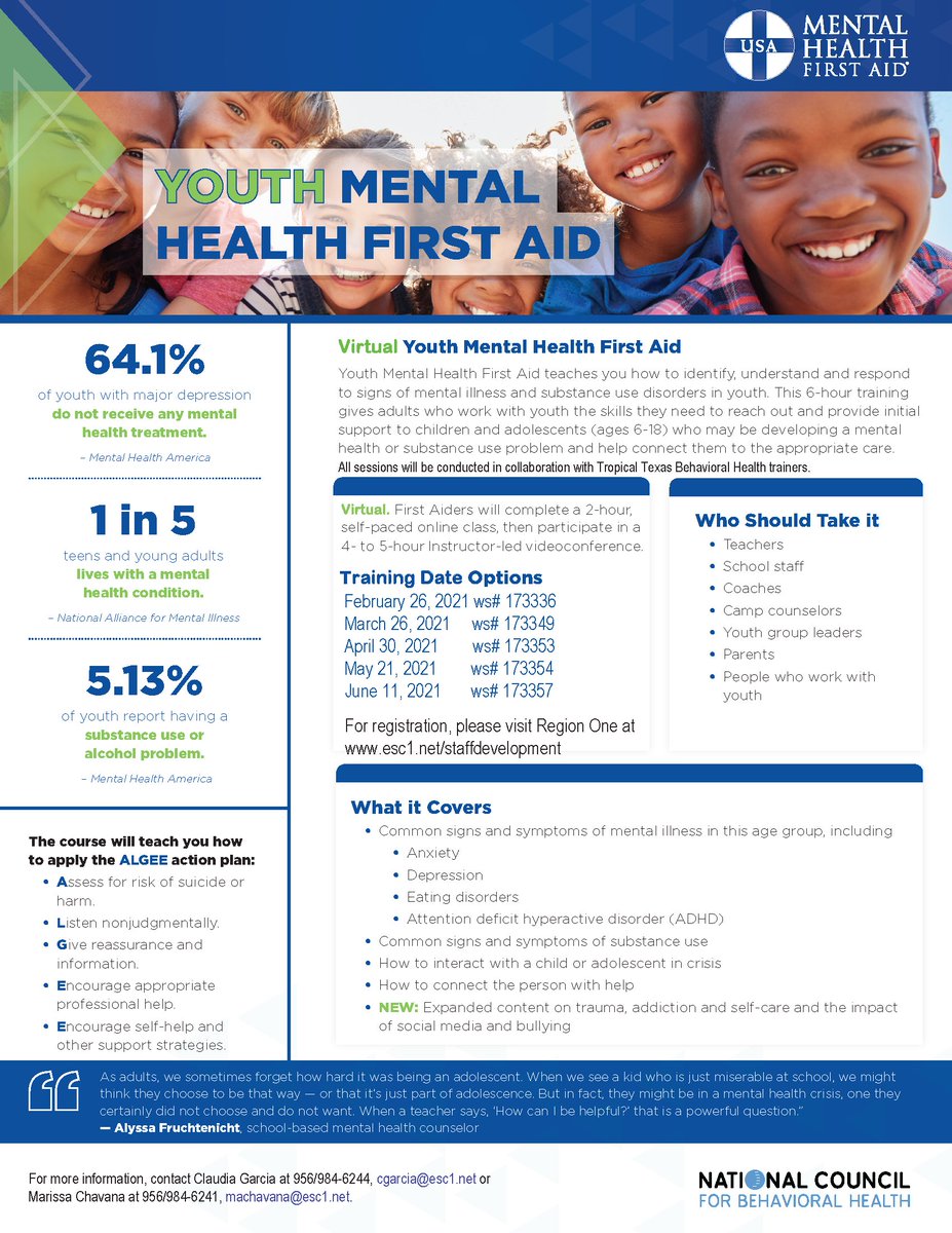 ESC1_SPED's tweet photo. Did you know that 1 in 5 teens and young adults live with mental health conditions? Youth Mental Health First Aid teaches you how to identify, understand and respond to signs of mental illness. Join us for our upcoming sessions! #SpecialEducation #MentalHealth @RegionOneESC https://t.co/5Mgj9ocCm2