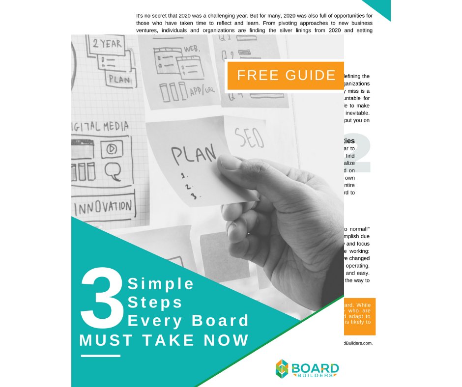 BoardBuilders's tweet photo. Since there is no playbook for governing a nonprofit during a pandemic, we developed a guide to help your board keep moving.

Download now for our three steps to prepare to pivot and thrive.

https://t.co/Wlxlm0FO9G https://t.co/TS2b0uEv8J