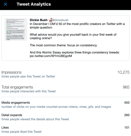 9/ But the measurement continues.Atomic Essays give me even more feedback.I measure three things:• Impressions• Media engagements• LikesThen, I create two ratios:• Media engagements per impression• Likes per media engagementThese measure two different things.