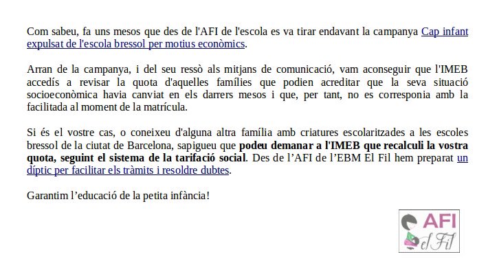 afi_fil's tweet photo. Si no podeu pagar la bressol perquè la vostra situació socioeconòmica ha canviat en els últims mesos, podeu demanar una revisió de quota. Des d’El Fil hem preparat un petit dossier que explica com fer-ho: https://t.co/ShLGI6qaWh Les famílies arribem allà on no arriba l’IMEB https://t.co/PMdLKKZItk