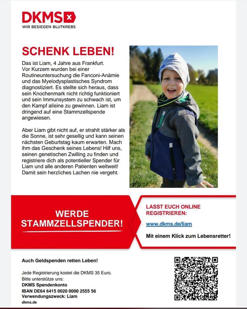 Eine Bekannte hat mich auf den kleinen Liam aufmerksam gemacht. Liam hat eine Knochenmarkserkrankung und sucht einen genetischen Zwilling. Ich habe sofort entschieden, dass ich Stammzellenspender werde. Verbreitet gerne diese Botschaft, damit es möglichst viele Menschen sehen.
