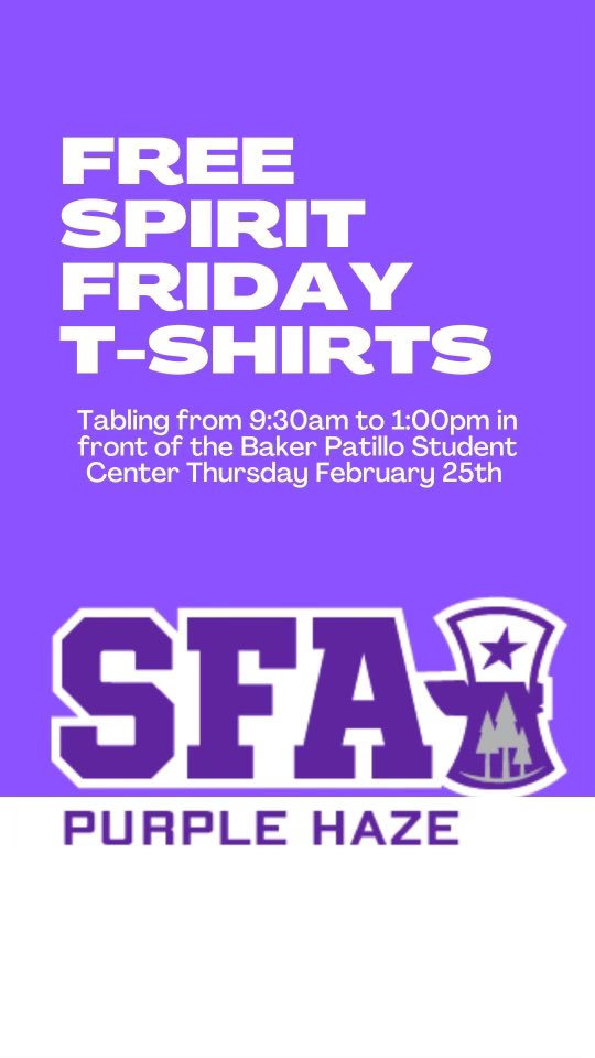 New day! New location! New time! Come out to SC from 9:30am-1:00pm to grab a FREE SHIRT (while supplies last), snack and button! Getting y’all some purple to wear for Spirit Friday’s!!

#SFASpiritFriday
#PHAmily
#ThisIsMyAxe
#JacksGetInvolved
#LumberjackStrong