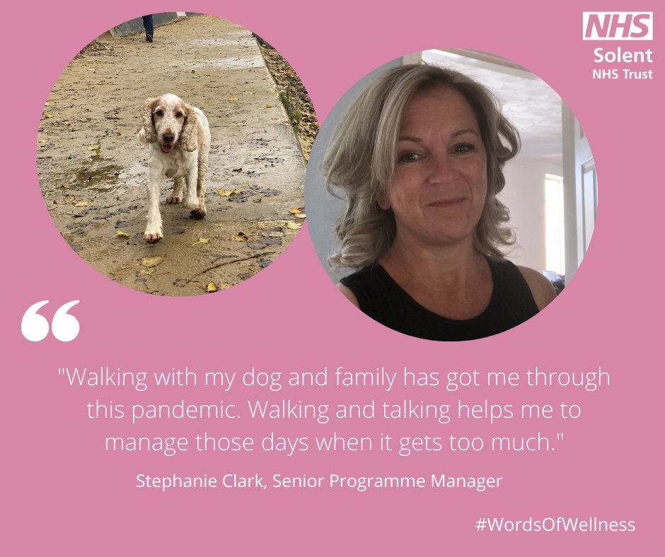 SolentNHSTrust's tweet photo. Stephanie Clark, Senior Programme Manager at the Portsmouth Vaccination Centre, says "Walking with my dog and family has got me through this pandemic". What has helped you during these difficult times? Send us your #WordsOfWellness via DM or tag us in your posts! π https://t.co/qfapX9wOvg