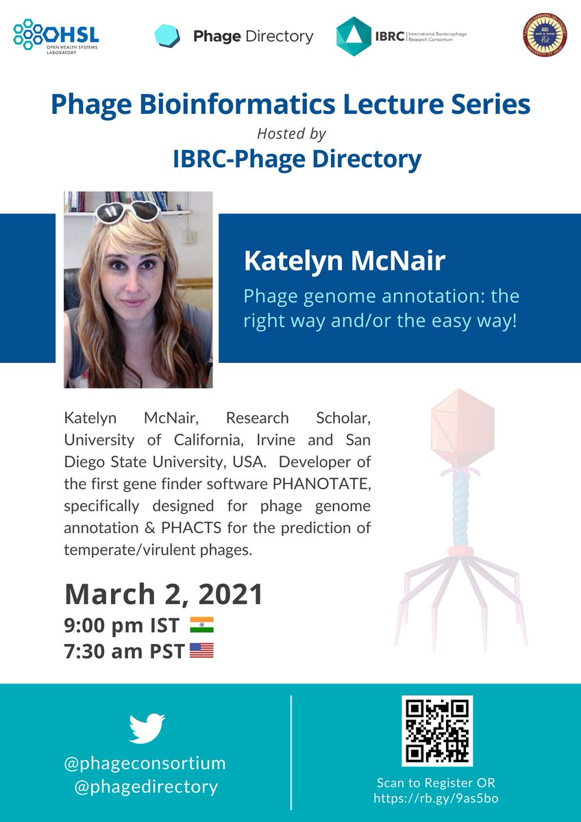 Next up in the #PhageBioInfoWebinarSeries is Katelyn McNair, an expert in #BigData #MachineLearning, developer of softwares specifically designed 4 phages. <a href="/phageconsortium/">International Bacteriophage Research Consortium</a> <a href="/phagedirectory/">Phage Directory</a> are super glad to co-host Katelyn on 2/3/2021. Registration link: rb.gy/9as5bo