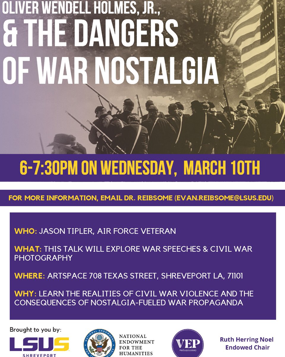 LSU_Shreveport's tweet photo. Join the LSUS Professor Dr. Reibsome and Air Force Veteran Jason Tipler for a discussion on the realities of war violence and nostalgic propaganda. https://t.co/z7TDQMdRyV