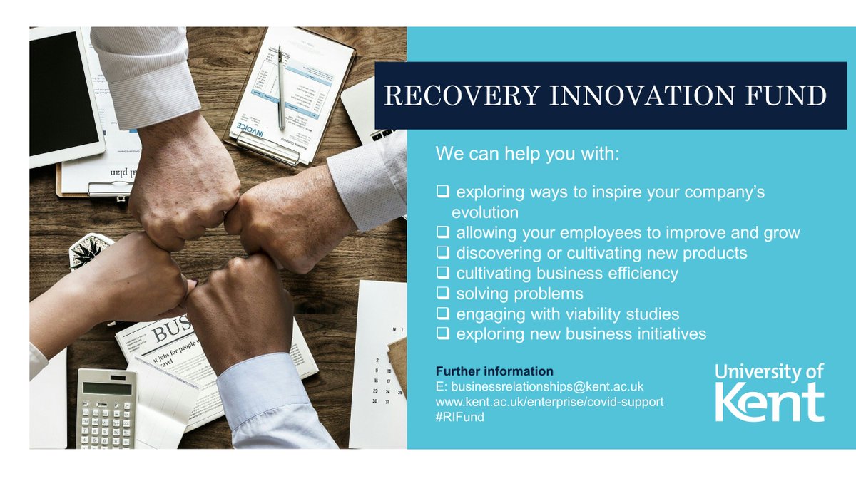 UniKentKEI's tweet photo. To facilitate #KnowledgeExchange and #Innovation don’t miss your opportunity to use our @UniKent Recovery Innovation Fund #RIFund which provides your small/medium-sized business (inc 3rd sector) with up to £7.5k to engage with Kent’s expertise. Visit: https://t.co/kiA1jyL1w8 https://t.co/XoHUR25t79
