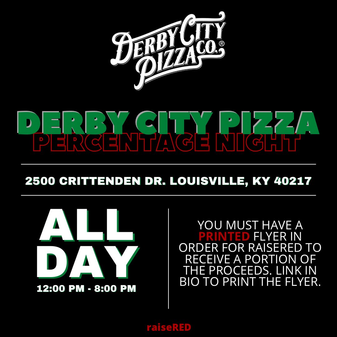 We encourage you to participate in our percentage night by getting takeout at Derby City Pizza! You MUST have the flyer printed to get credit for the percentage night. Dancers, you have a printed copy of the flyer in your Dancer Pack! linktr.ee/raiseRED