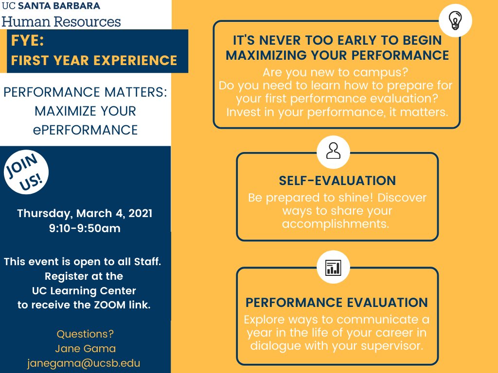 ucsbcsac's tweet photo. Are you new to campus? Do you need to learn how to prepare for your first performance evaluation? Join us on Thursday, March 4th 9:10-9:50am! Register at the UC Learning Center to receive the ZOOM link. https://t.co/Qwdt6JnJfW