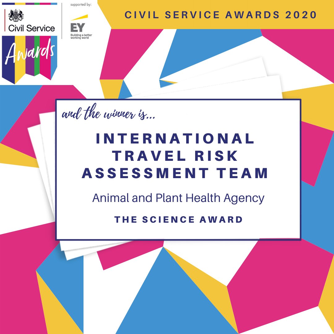 Last but certainly not least, the Science Award goes to the International Travel Risk Assessment Team in the Animal and Plant Health Agency. Very many congratulations! #CSAwards https://t.co/KTtGbI0lqH