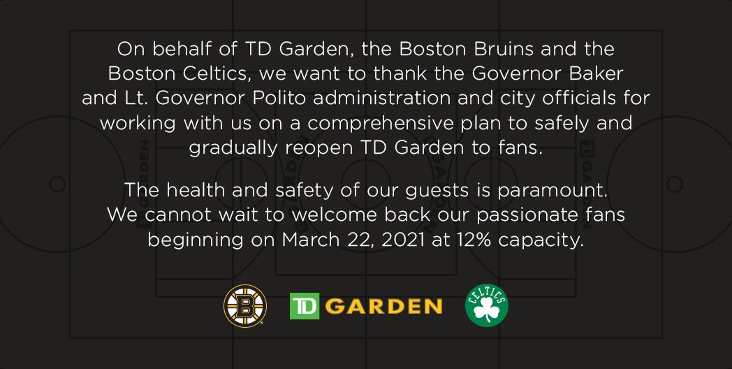 tdgarden's tweet photo. A statement from TD Garden, the @NHLBruins and the @celtics in response to Governor Baker's announcement regarding reopening the arena to fans. https://t.co/ofcPMa2Xzp
