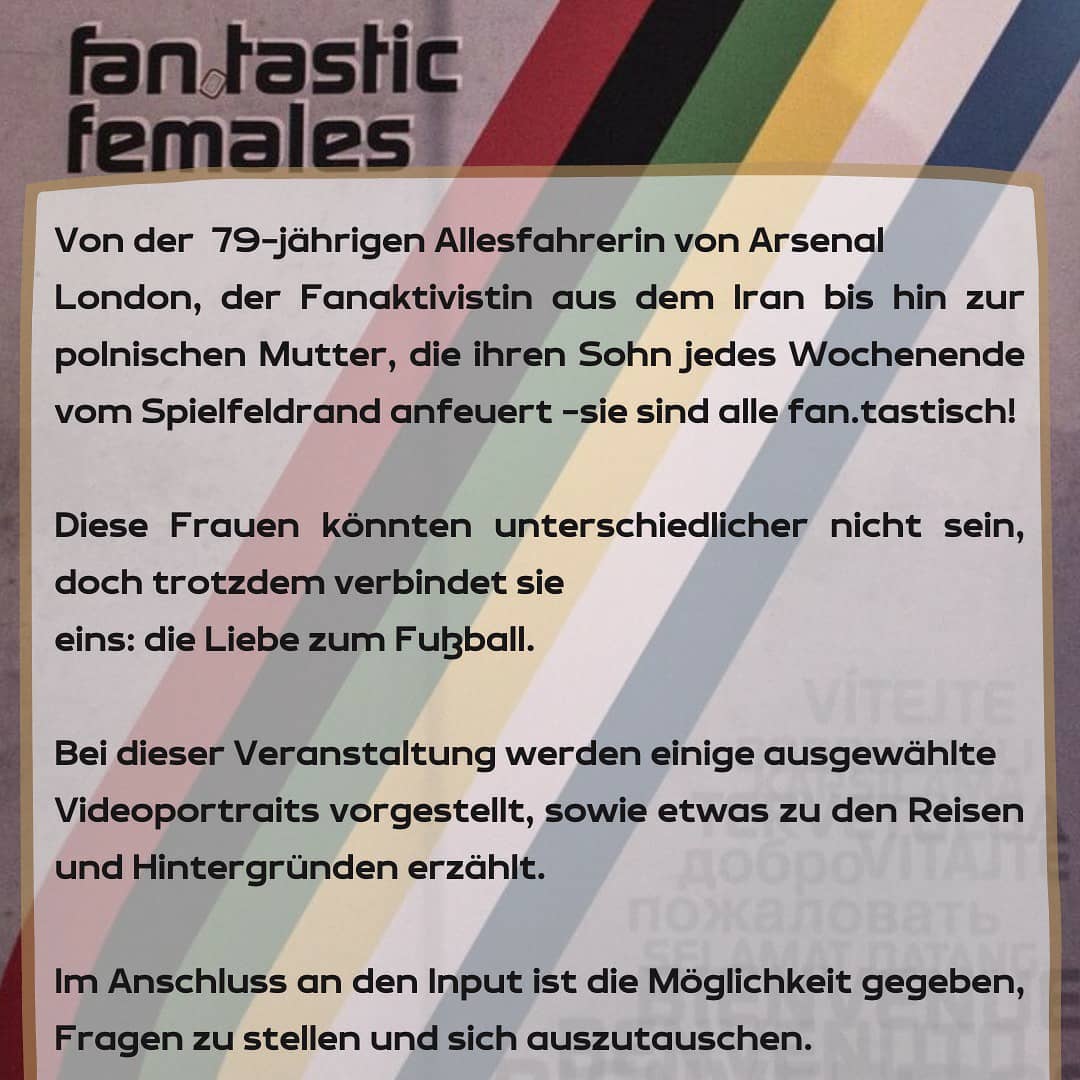 Neben der Vorstellung von Videoportraits und Erzählungen zu den Reisen und Hintergründen, besteht die Möglichkeit Fragen zu stellen und sich auszutauschen.

Den Link erhaltet ihr ab 08.03.2021unter: fanprojekt-duisburg.de
#fantasticfemales #frauenimfußball #fußballfans