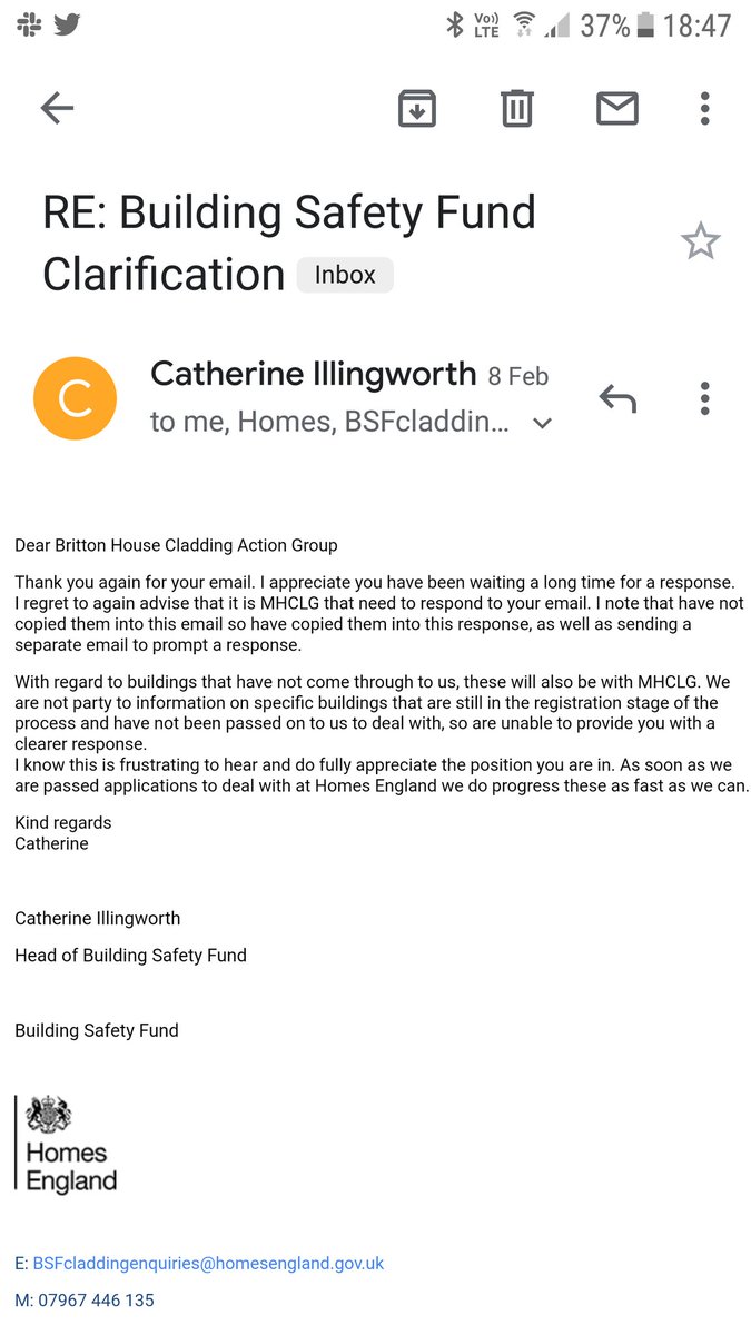 BH_CAG's tweet photo. #CladdingQT @team_greenhalgh we emailed the BSF this month for an update on our application as we've heard nothing for 8 months

They can't help us as @mhclg hold the applications

Can you please get an update for us? We're desperate for info
#EndOurCladdingScandal
@McrCladiators https://t.co/oPwphclU8u