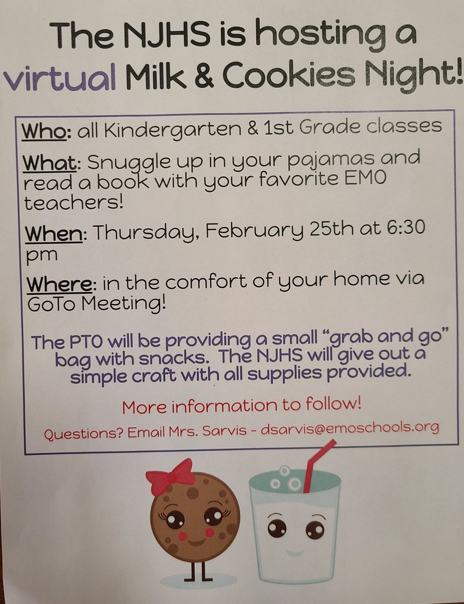 ESchneyer's tweet photo. Reminder for Grade K and 1! Virtual Milk and Cookies Night is tonight! Craft bags are coming home with students today and are available for pickup at the main office. Check email for virtual links, we hope to see you there! @EastMorichesSD @EMorichesMS @emoNJHS @EMorichesES https://t.co/nMMPvxH6NF