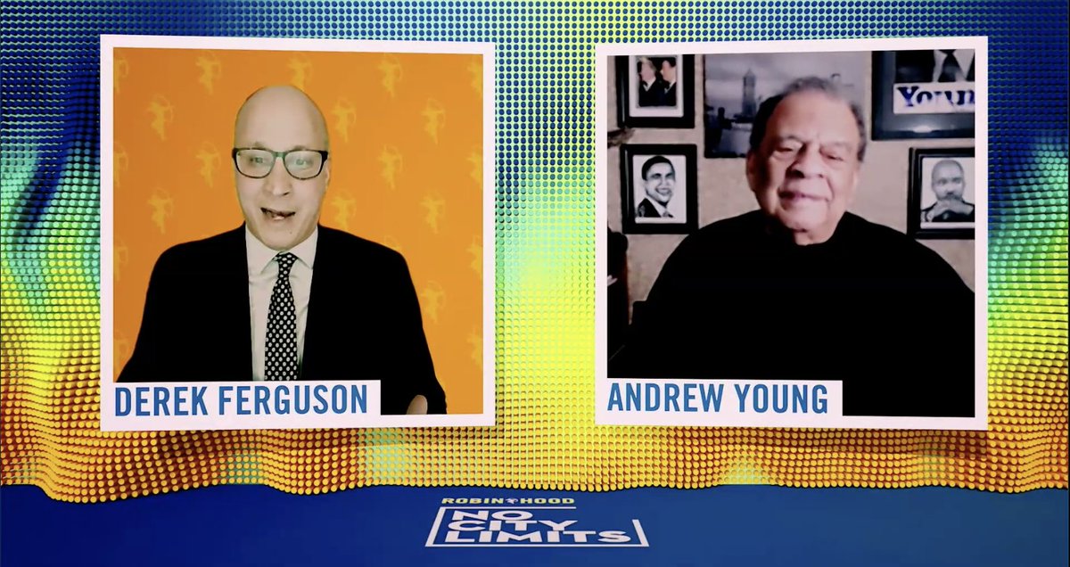RobinHoodNYC's tweet photo. Robin Hood's Derek Ferguson and @AmbAndrewYoung are up now at #NoCityLimits for a fireside chat on race and economic mobility. Come join the conversation: https://t.co/AgLjwB8ny9 https://t.co/pq0MPOhSG4