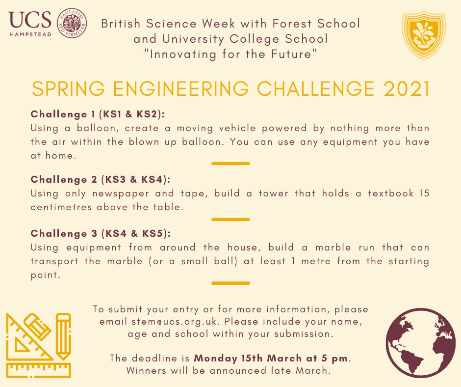 Calling all budding #engineers! Entries for these challenges organised by <a href="/UCSHampstead/">UCS Hampstead</a> &amp; <a href="/ForestSchoolE17/">Forest School</a> have been flooding in over the break. Everyone is welcome to get involved &amp; the deadline is 15th March. Just email stem@ucs.org.uk for details. <a href="/schoolstogether/">SchoolsTogether</a> <a href="/HMC_Org/">HMC (The Heads' Conference)</a>