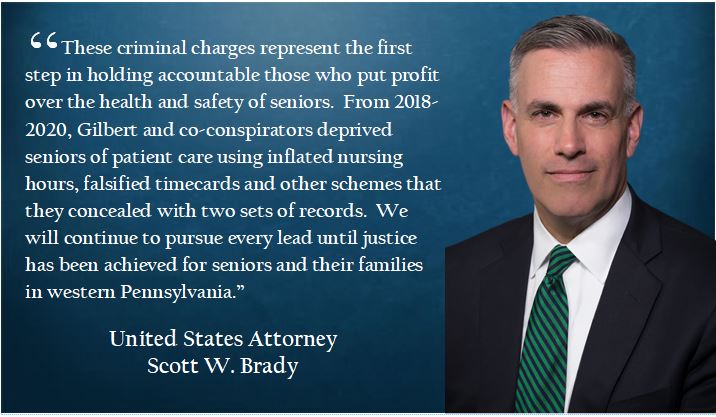 <a href="/USAttyBrady/">US Attorney Scott Brady</a> &amp; <a href="/JoshShapiroPA/">Josh Shapiro</a>: Federal indictment charges former administrator of a Mount Lebanon nursing home with conspiracy to defraud the U.S., health care fraud &amp; obstruction of a federal audit. <a href="/FBIPittsburgh/">FBI Pittsburgh</a> <a href="/OIGatHHS/">OIG at HHS</a>, <a href="/PAAttorneyGen/">PA Attorney General Dave Sunday</a> <a href="/IRS_CI/">IRS Criminal Investigation</a> go.usa.gov/xs8xE