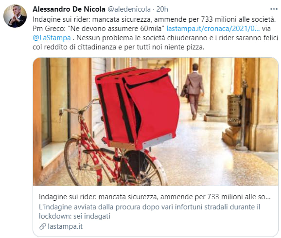 🤬🛠 Per personaggi come <a href="/aledenicola/">Alessandro De Nicola</a> bocconiano e neo-liberista d'assalto chi fa lavori come il rider dovrebbe scegliere tra sfruttamento e fare la fame. Per fortuna c'è ancora qualche istituzione capace di tutelare la dignità di chi lavora. Colpevoli le mancanze della politica.