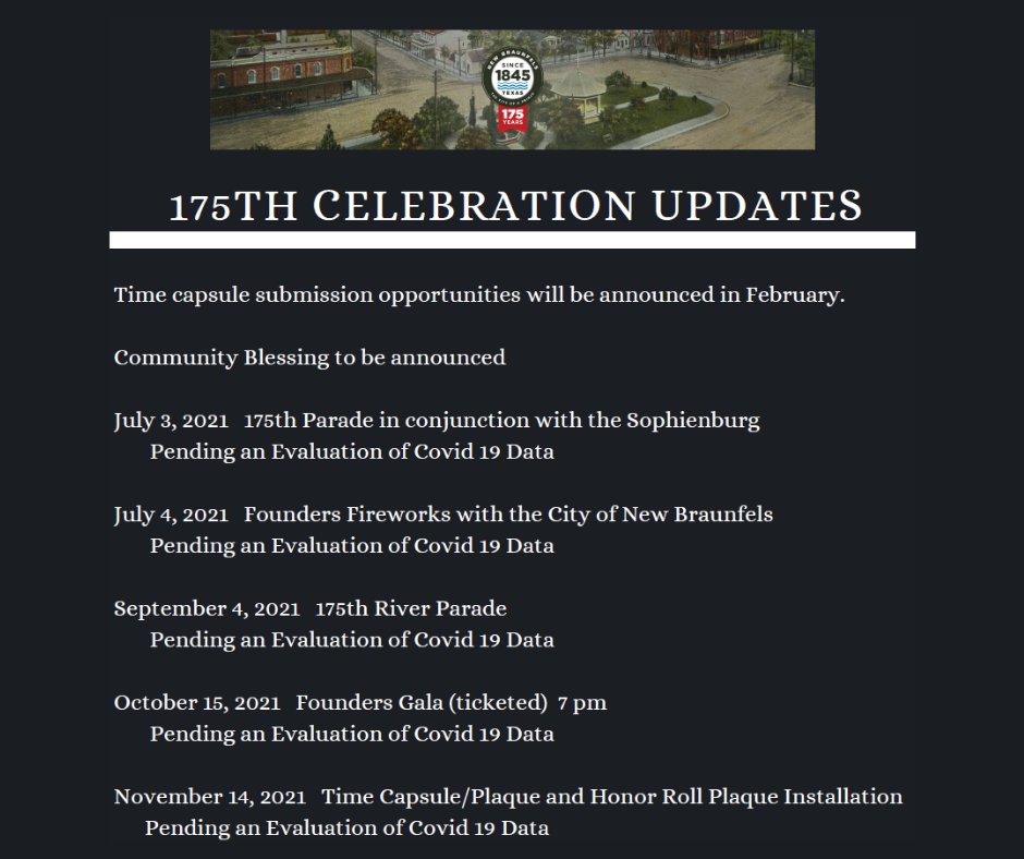 The 175th anniversary celebrations were postponed due to the pandemic. The celebrations are important to the community and an integral part of our history. After consultation, the celebration events have been rescheduled. @innewbraunfels

Read More: bit.ly/3bAU774