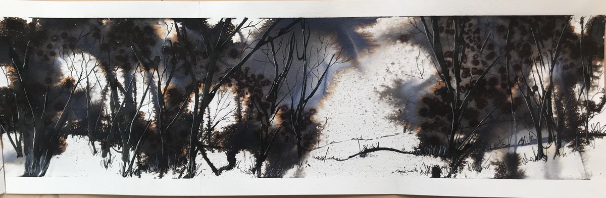 LynnNortonArt's tweet photo. Missing walking in the local nature reserve, so ended up doing a concertina sketchbook of memories of the place. Done in Quink ink & white acrylic ink. Did have a lovely slideshow of this, but Twitter & my phone not compatible! #lockdownsketching #fendraytonlakes #cambridgeshire https://t.co/OZTnCSVK7r