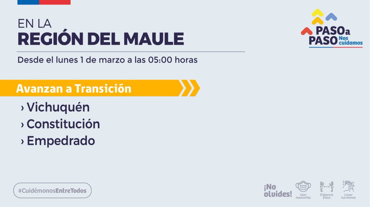 #SaborInforma | #Constitución : Ministerio de Salud informa la salida de fase 1 a la comuna costera. 
Desde el lunes 1 de Marzo a las 05:00 hrs Constitución avanza a Fase 2 del plan paso a paso.