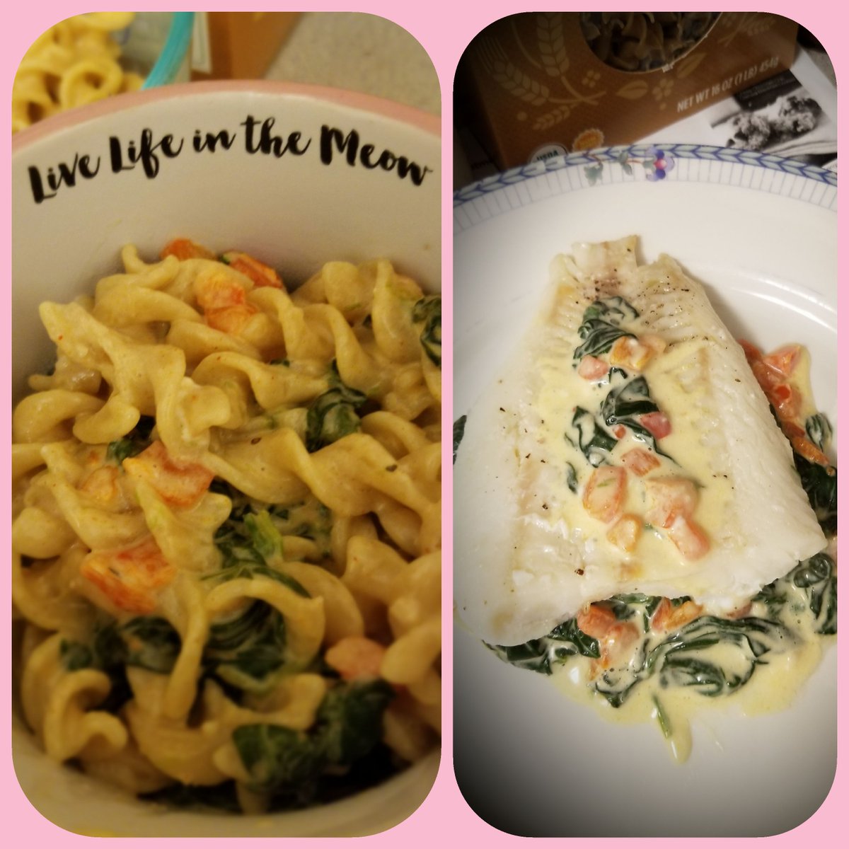 MostlyMcDaniel's tweet photo. Extra sauce from Tuesday's Fish Florentine easily becomes Thursday's Pasta Florentine. Inspiration: @Skinnytaste   #KatieTriesThings #cooking #WasteNot #Food https://t.co/SOXLNrivhU