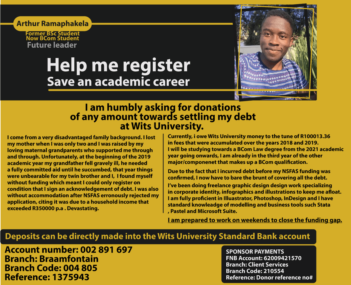ARamaphakela's tweet photo. Hi, I currently can't register for BCom Law, Finance as I currently have outstanding debt of R100013 at Wits. If you know of anyone or if you can help, I would really appreciate it. Please share, my guardian angel might be on your timeline. https://t.co/VtHXnCK8TV